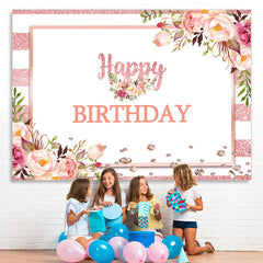 Lofaris Pink And White Floral Happy Birthday Backdrop For Girl