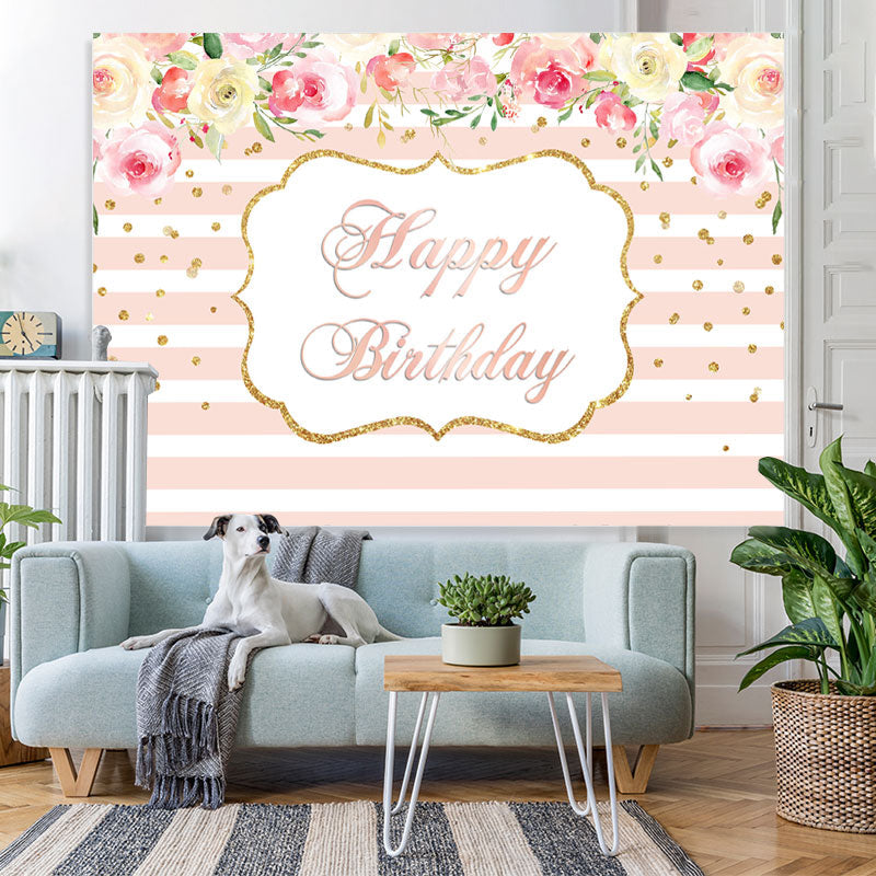 Lofaris Pink And White Floral With Lines Birthday Backdrop