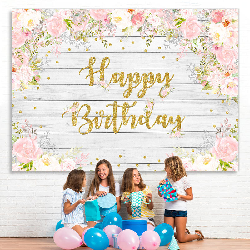 Lofaris Pink And White Floral Wood Birthday Backdrop For Girl