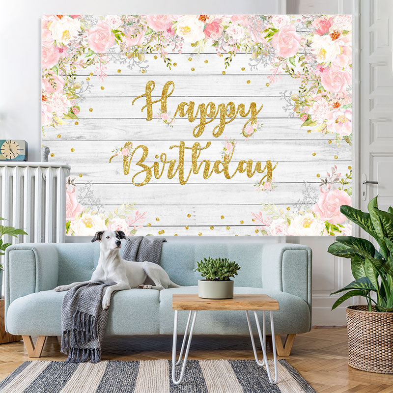 Lofaris Pink And White Floral Wood Birthday Backdrop For Girl