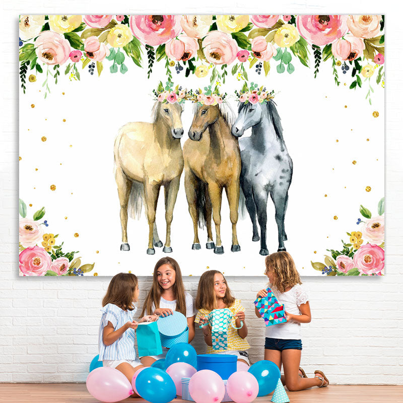 Lofaris Pink and Yellow Florals Three Horse Party Backdrop