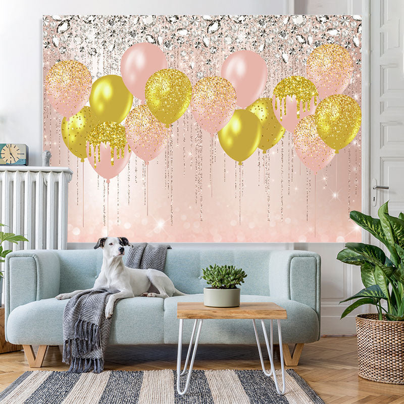 Lofaris Pink And Yellow Glitter Balloon Happy Birthday Backdrop
