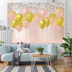 Lofaris Pink And Yellow Glitter Balloon Happy Birthday Backdrop