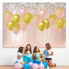 Lofaris Pink And Yellow Glitter Balloon Happy Birthday Backdrop