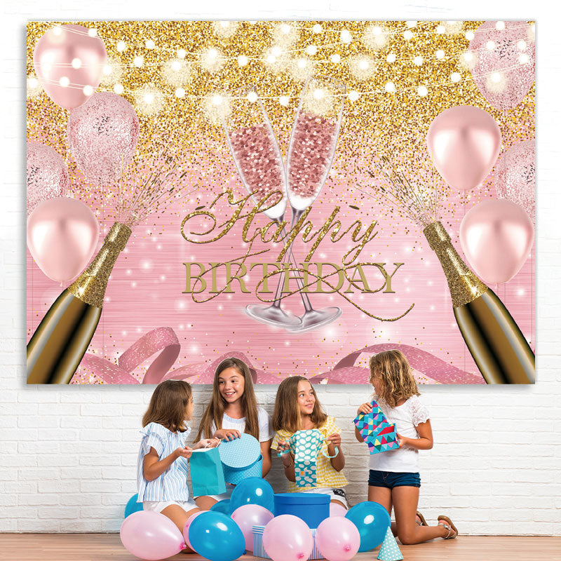 Lofaris Pink Balloon And Golden Glitter Happy Birthday Backdrop