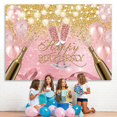 Lofaris Pink Balloon And Golden Glitter Happy Birthday Backdrop