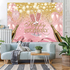 Lofaris Pink Balloon And Golden Glitter Happy Birthday Backdrop