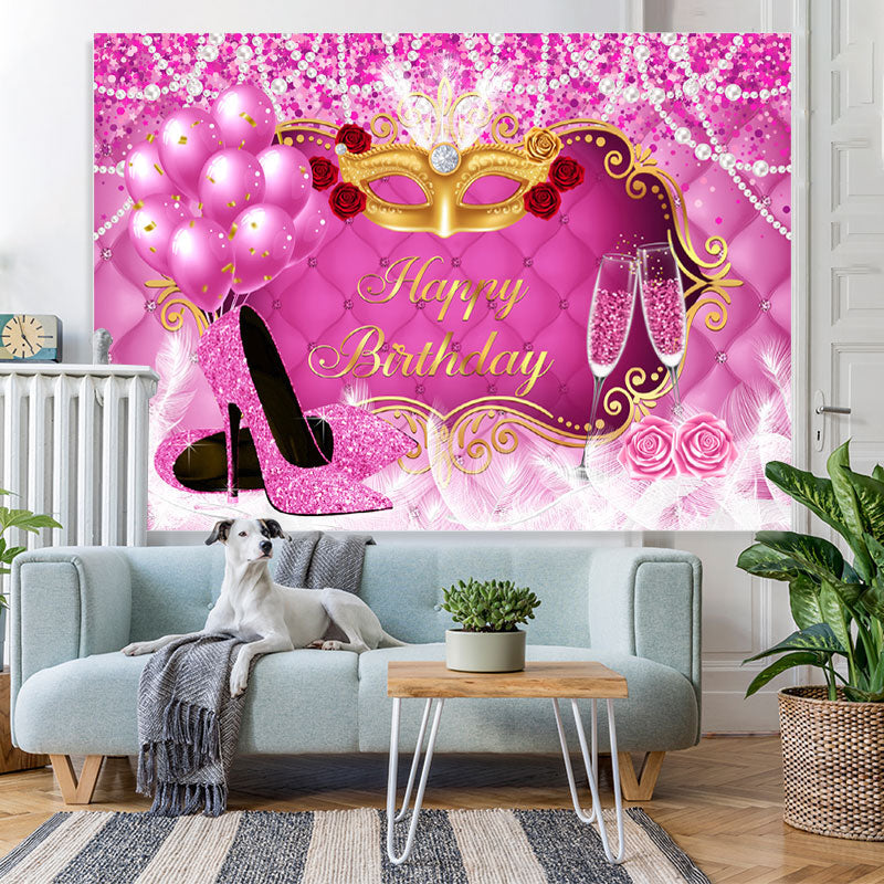 Lofaris Pink Balloon and White Pearl Happy Birthday Backdrop