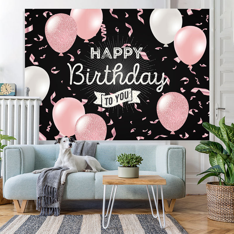 Lofaris Pink Balloon Ribbon Black Happy Birthday Party Backdrop