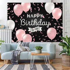Lofaris Pink Balloon Ribbon Black Happy Birthday Party Backdrop