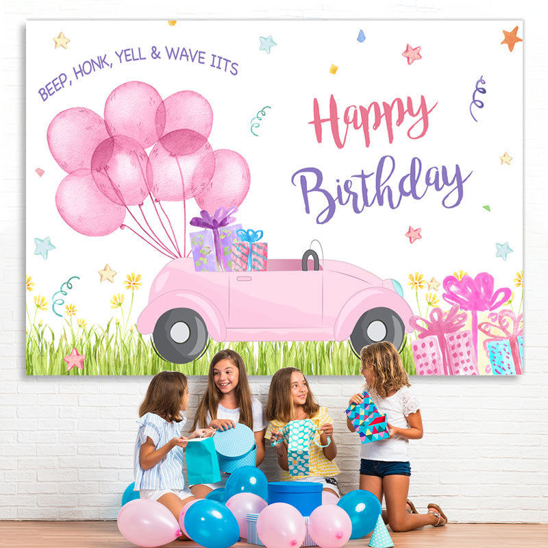 Lofaris Pink Balloons Car Happy Birthday Backdrop For Girl