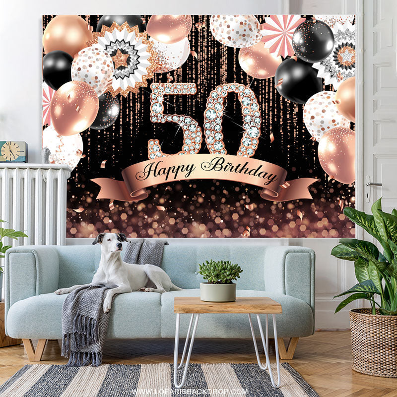 Lofaris Pink Bokeh Glitter Balloons Black 50th Birthday Backdrop