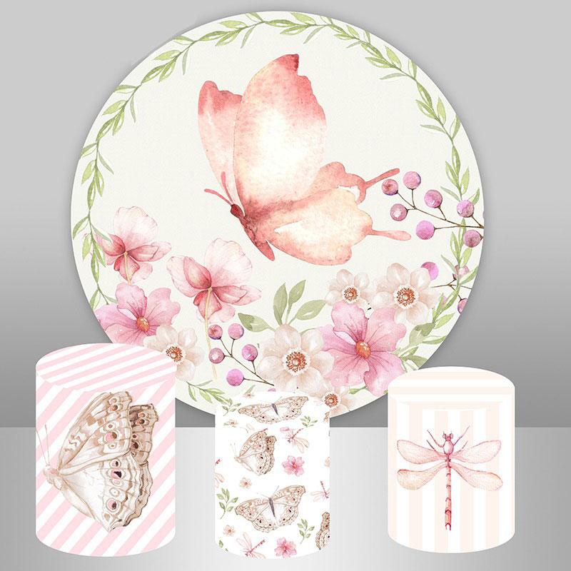 Lofaris Pink Butterfly And Floral Round Baby Shower Backdrop