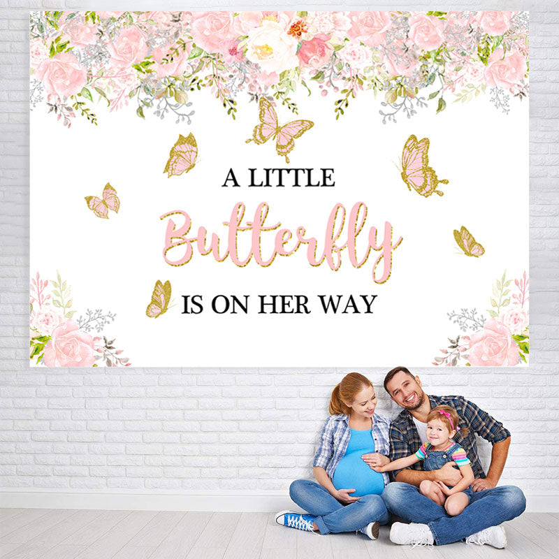 Lofaris Pink Butterfly And White Floral Baby Shower Backdrop