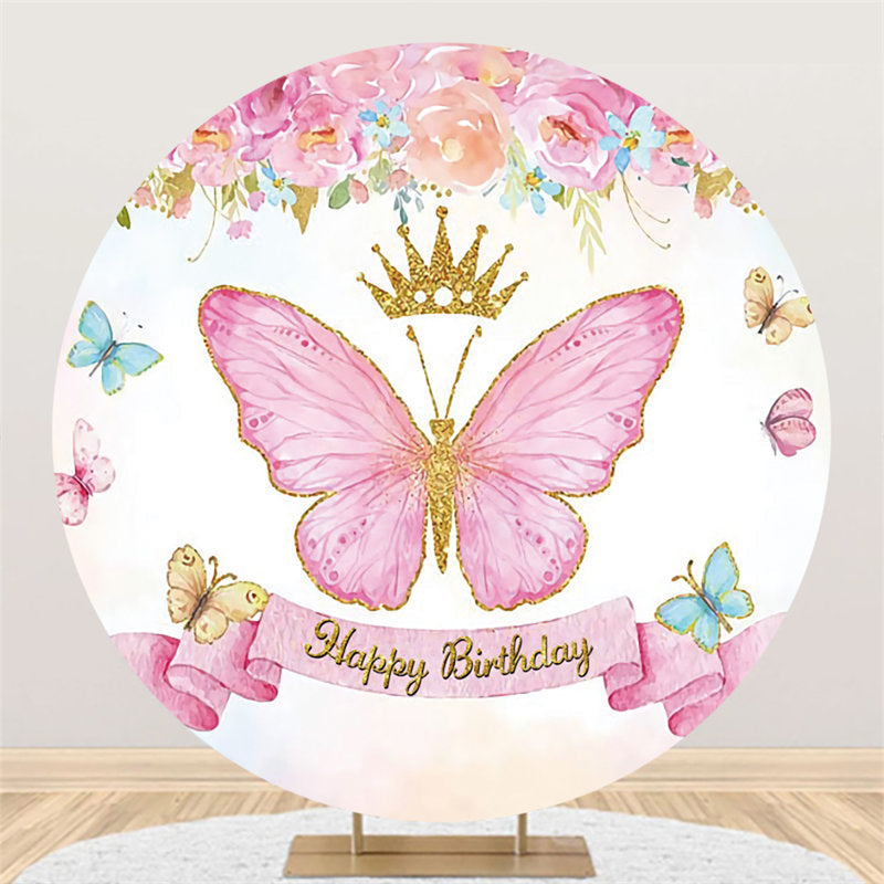 Lofaris Pink Butterfly Glitter Crown Birthday Circle Backdrop
