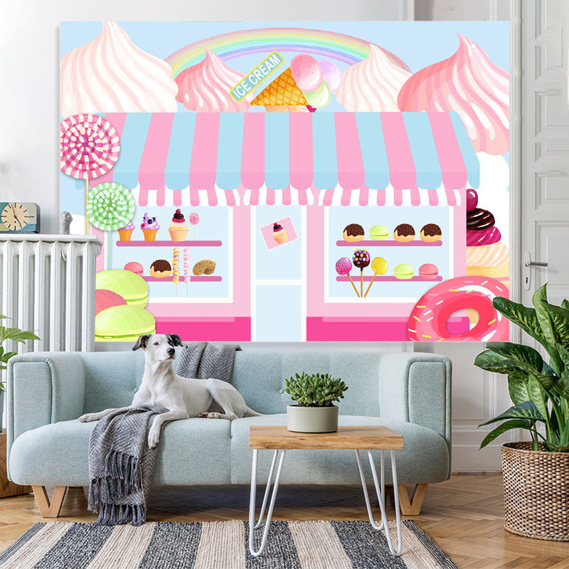 Lofaris Pink Candy Dessert Shop Themed Happy Birthday Backdrop