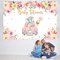 Lofaris Pink Car And Floral Elephant Baby Shower Backdrops