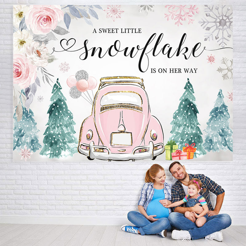 Lofaris Pink Car and Floral Winter Baby Shower Backdrop Girl