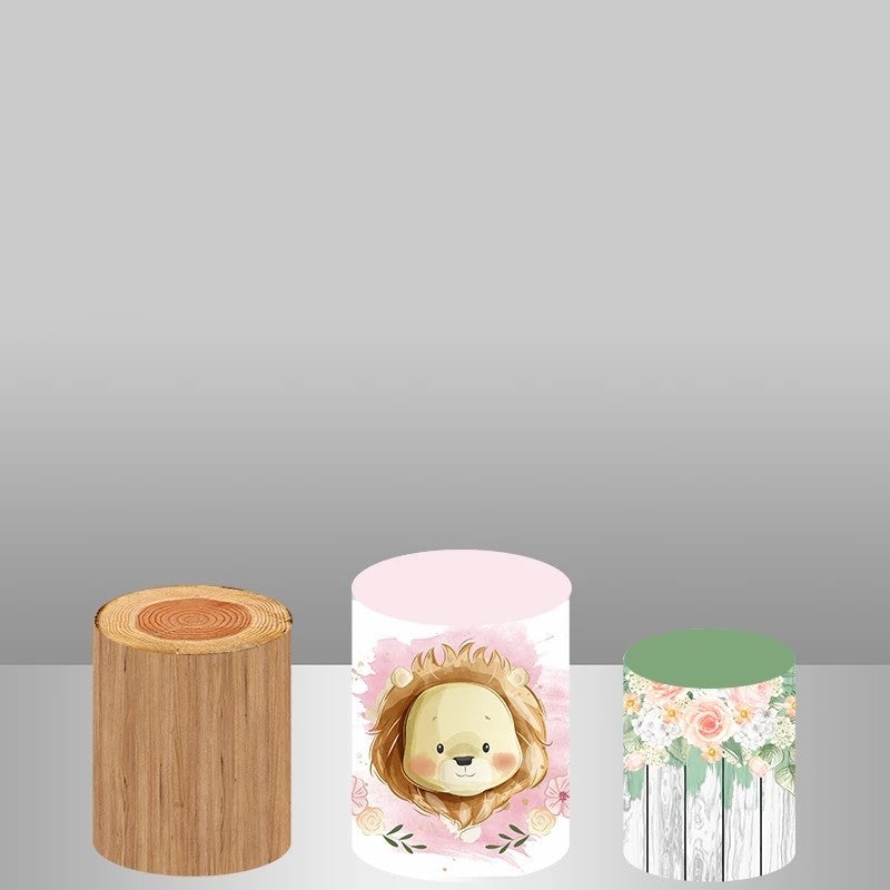 Lofaris Pink Cute Lion Floral Backdrop Cake Table Cover Kit