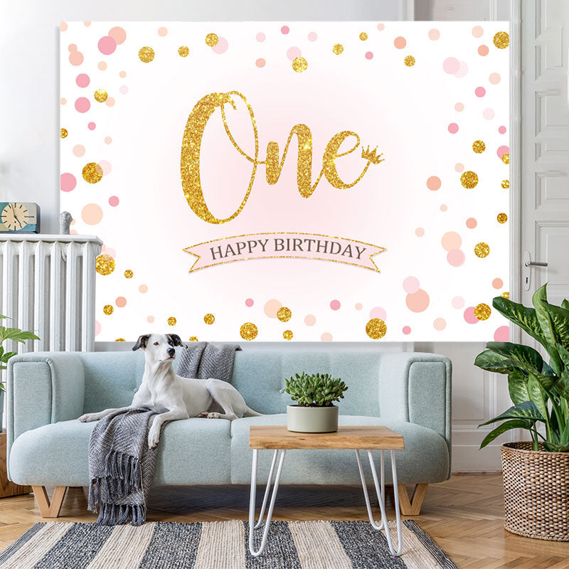 Lofaris Pink Dot Gold Glitter First Happy Birthday Backdrop
