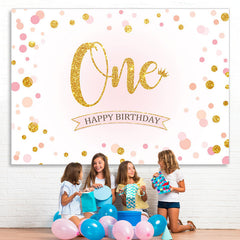 Lofaris Pink Dot Gold Glitter First Happy Birthday Backdrop