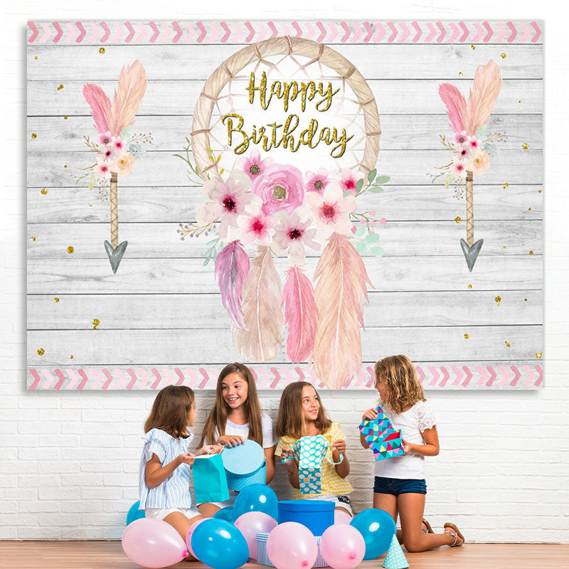 Lofaris Pink Dreamcatcher Happy Birthday Floral Backdrop for Girls