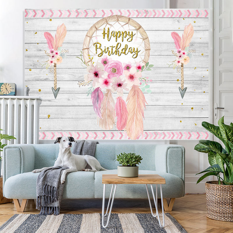 Lofaris Pink Dreamcatcher Happy Birthday Floral Backdrop for Girls