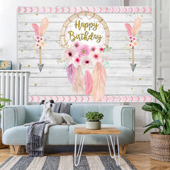Lofaris Pink Dreamcatcher Happy Birthday Floral Backdrop for Girls