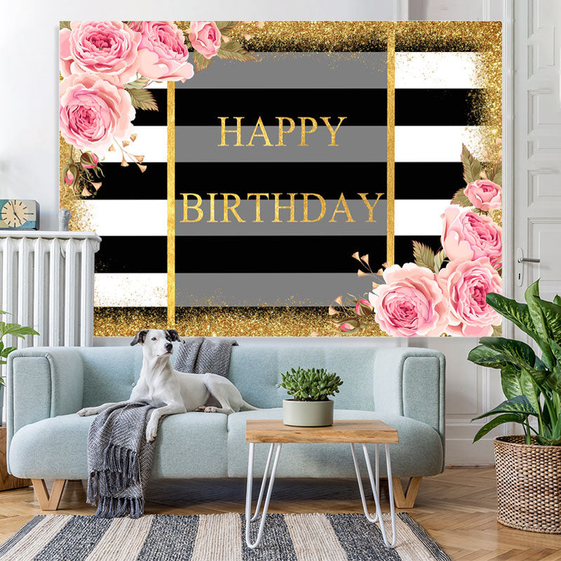Lofaris Pink Fioral And Gold Glitter Happy Birthday Backdrop