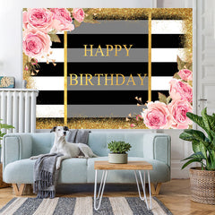 Lofaris Pink Fioral And Gold Glitter Happy Birthday Backdrop