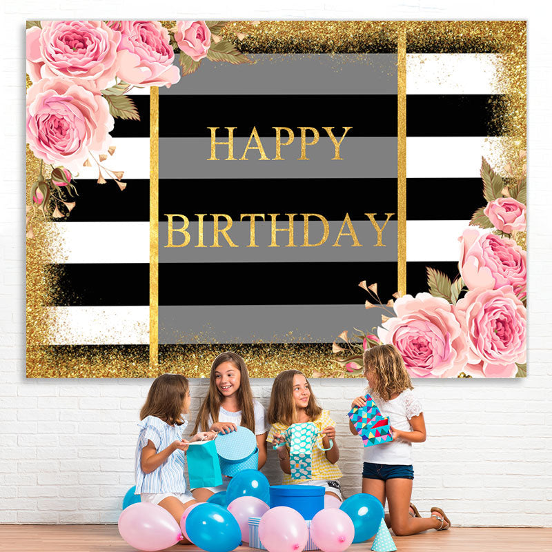Lofaris Pink Fioral And Gold Glitter Happy Birthday Backdrop