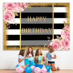 Lofaris Pink Fioral And Gold Glitter Happy Birthday Backdrop