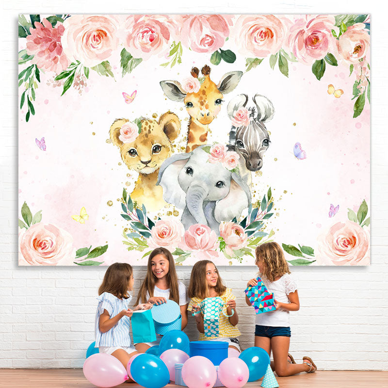 Lofaris Pink Floral and Animals Cartoon Backdrop for Kids