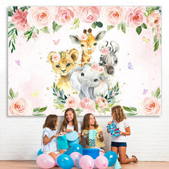 Lofaris Pink Floral and Animals Cartoon Backdrop for Kids