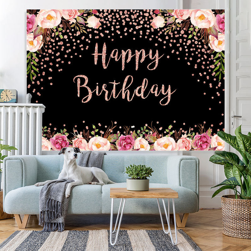 Lofaris Pink Floral And Black Bokeh Happy Birthday Backdrop