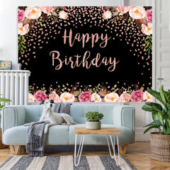 Lofaris Pink Floral And Black Bokeh Happy Birthday Backdrop