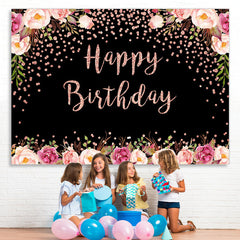 Lofaris Pink Floral And Black Bokeh Happy Birthday Backdrop