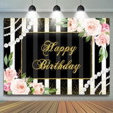 Lofaris Pink Floral And Black With White Birthday Backdrop