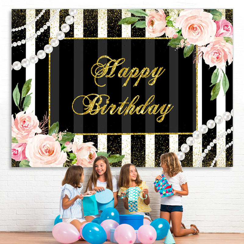 Lofaris Pink Floral And Black With White Birthday Backdrop