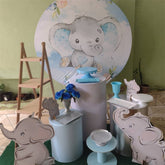 Lofaris Pink Floral And Blue Elephant Round Baby Shower Backdrop