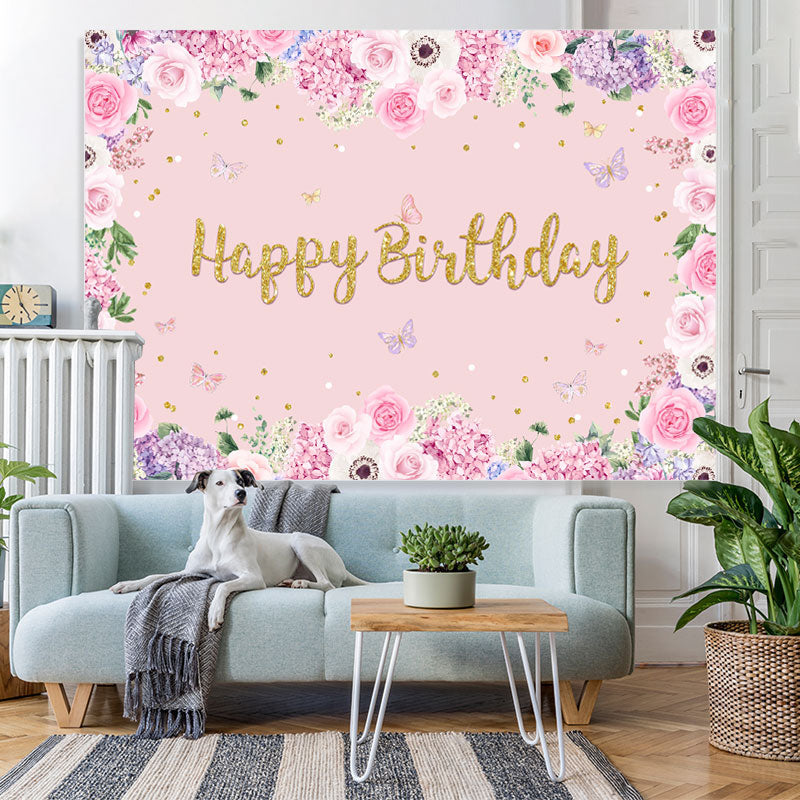 Lofaris Pink Floral And Butterfly Birthday Backdrop For Girl