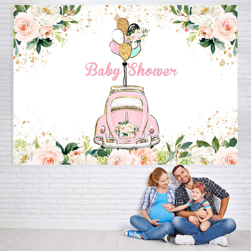 Lofaris Pink Floral And Car Baby Shower Backdrops For Girl