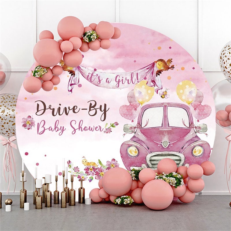 Lofaris Pink Floral And Car Its A Girl Round Baby Shower Backdrop
