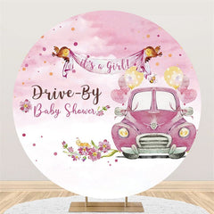 Lofaris Pink Floral And Car Its A Girl Round Baby Shower Backdrop