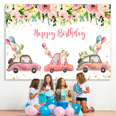 Lofaris Pink Floral And Car Party Parade Birthday Backdrop