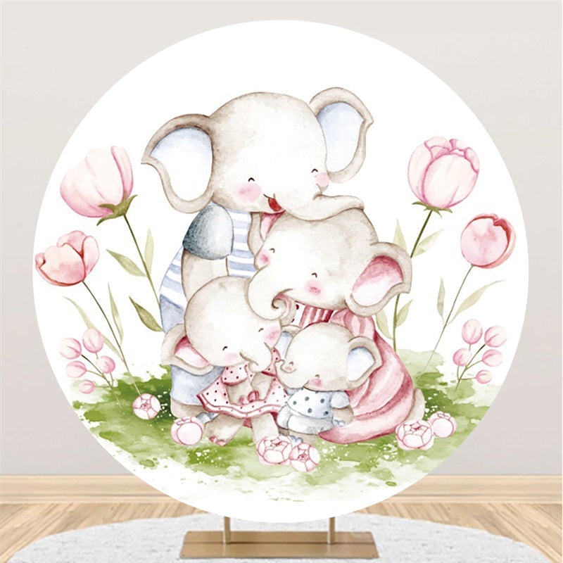 Lofaris Pink Floral And Elephant Family Round Baby Shower Backdrop