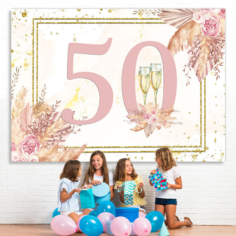Lofaris Pink Floral And Glitter Happy 50Th Birthday Backdrop