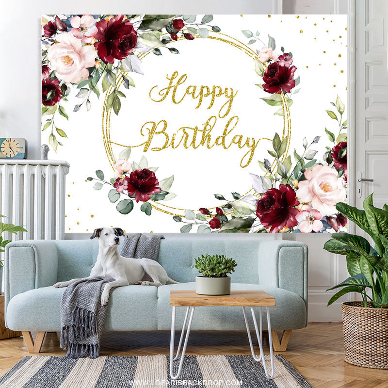 Lofaris Pink Floral And Gold Glitter Happy Birthday Backdrop
