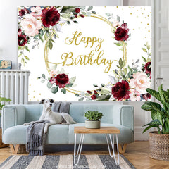 Lofaris Pink Floral And Gold Glitter Happy Birthday Backdrop