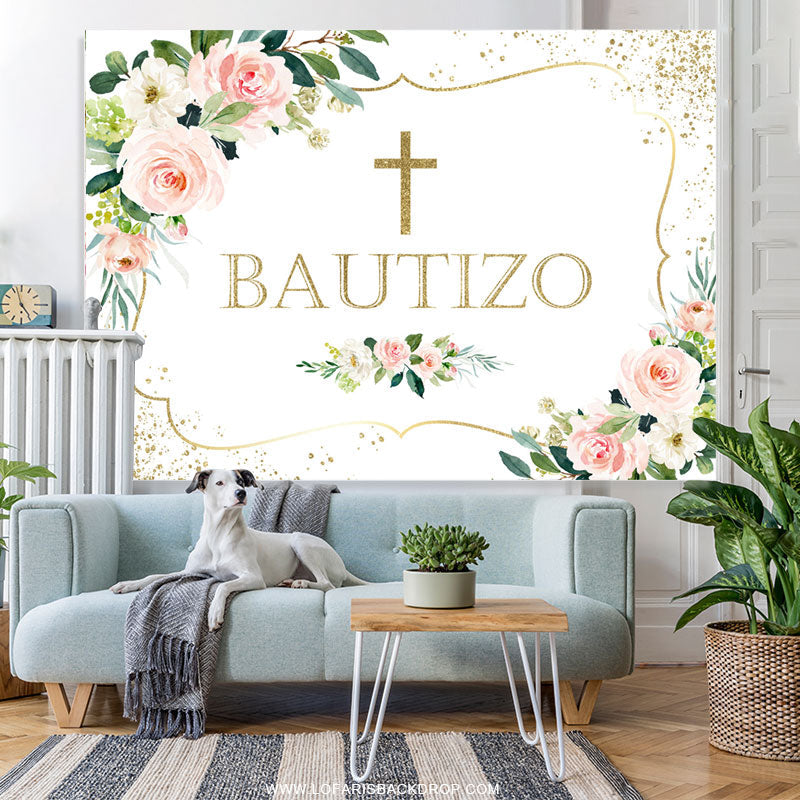 Lofaris Pink Floral And Gold Glitter Bautizo Baby Shower Backdrop